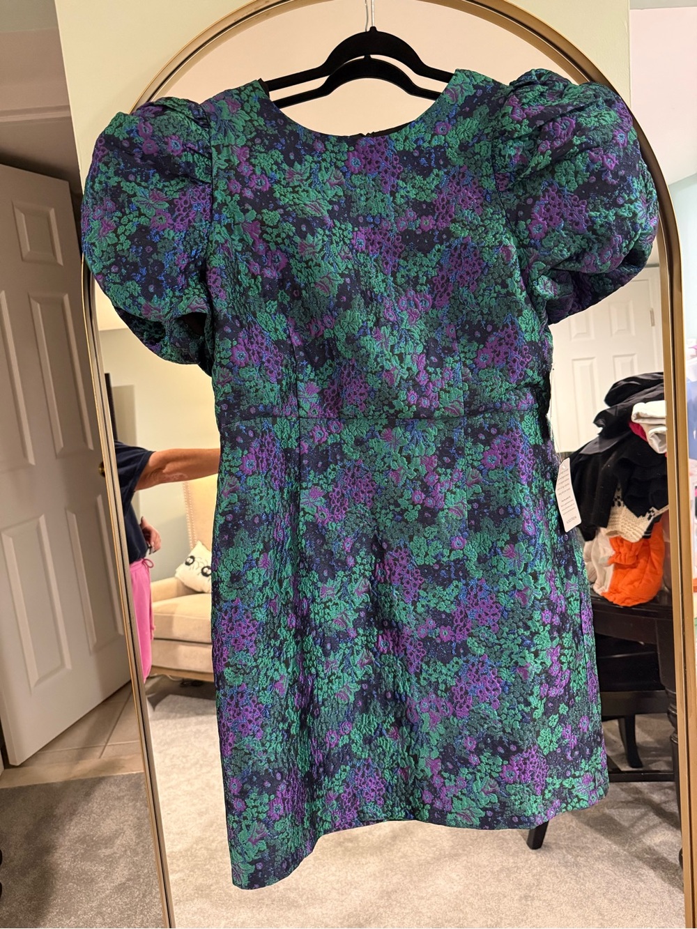 Donna Morgan Green and Purple Floral Puff Sleeve Dress